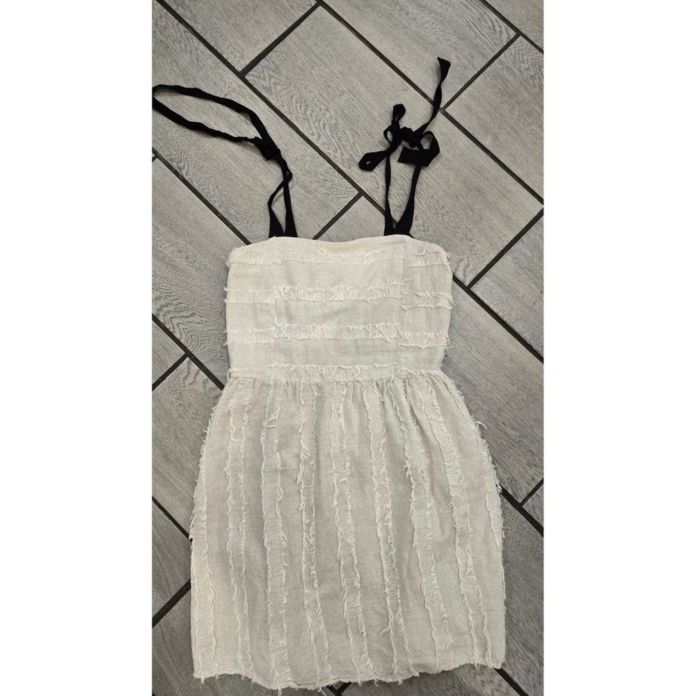 Dress Forum Linen Frayed Fringe Mini Dress Beige Black Tie Straps Small FD1889